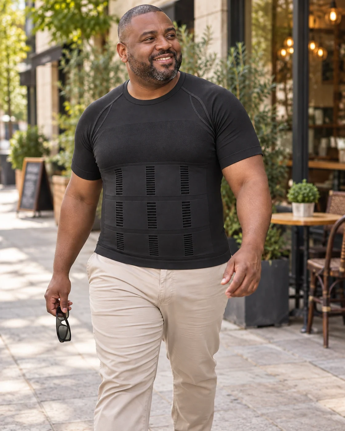 Le même homme, dans la même pose, portant le t-shirt de maintien noir