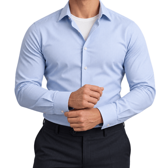 T-shirt blanc porté discrètement sous une chemise de travail bleue.
